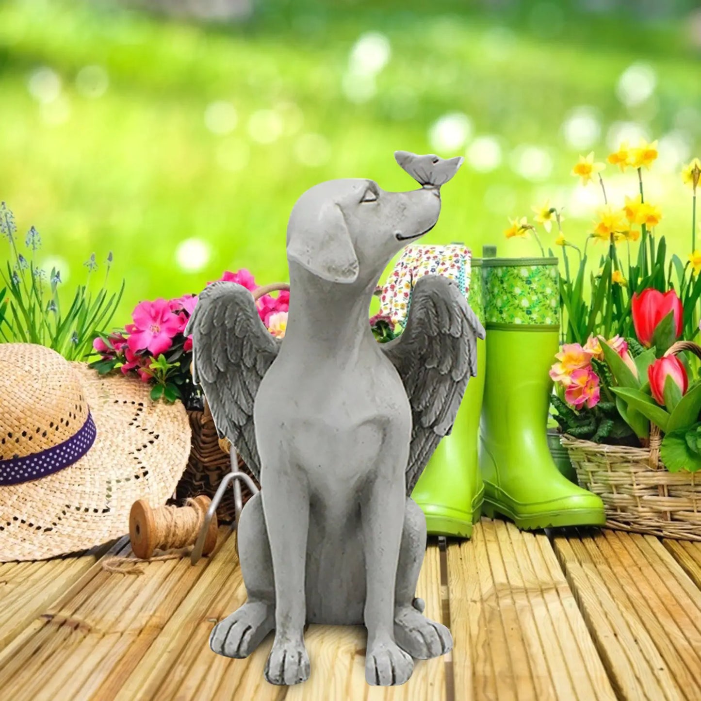Angel Dog Butterfly Resin Garden Statue Decor