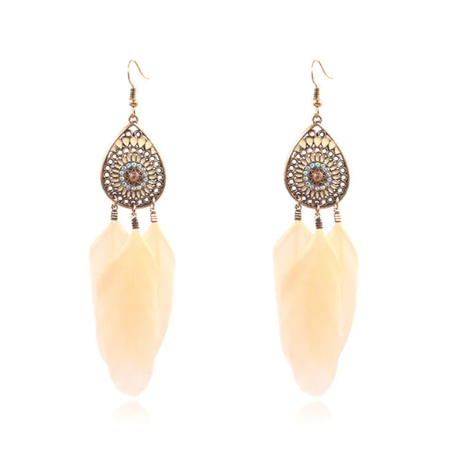 Colorful Hollow Feather Drop Earrings with Crystals