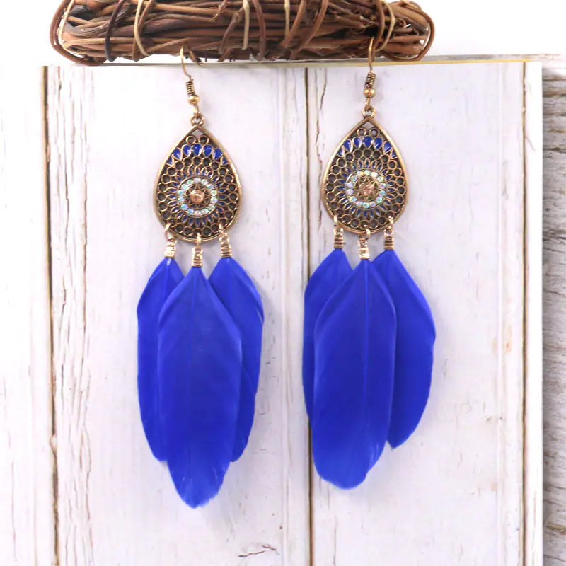 Colorful Hollow Feather Drop Earrings with Crystals