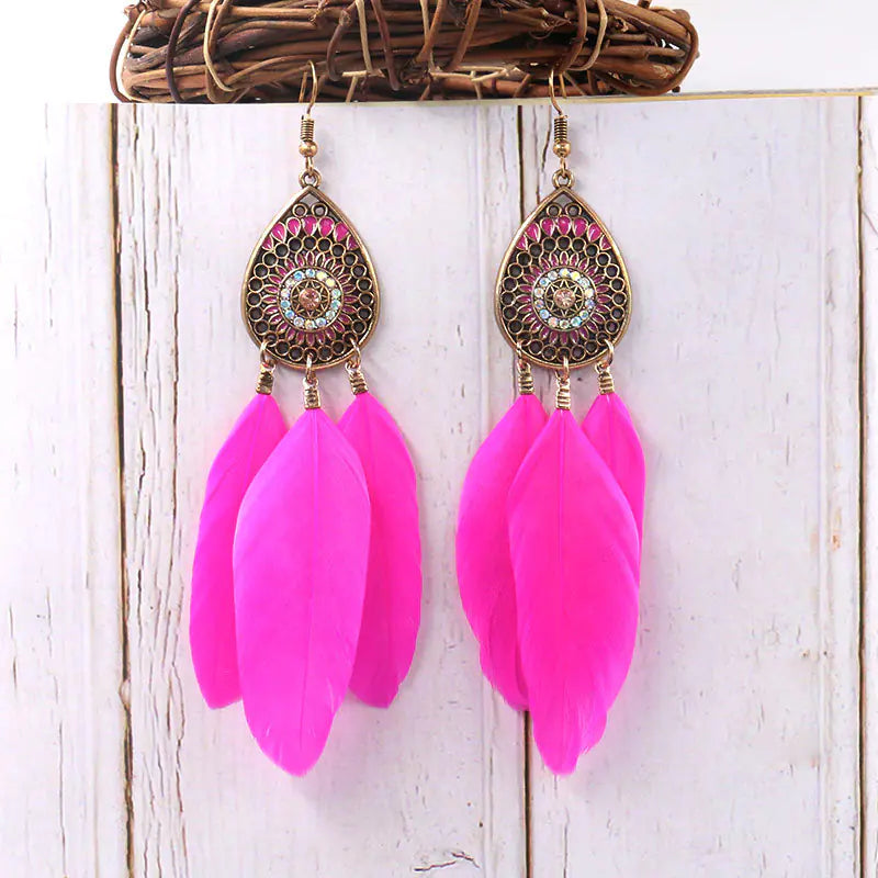 Colorful Hollow Feather Drop Earrings with Crystals