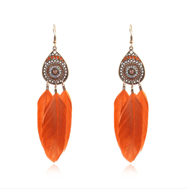 Colorful Hollow Feather Drop Earrings with Crystals