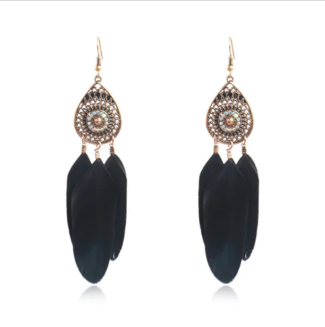Colorful Hollow Feather Drop Earrings with Crystals