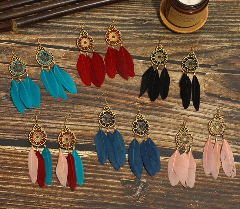 Colorful Hollow Feather Drop Earrings with Crystals