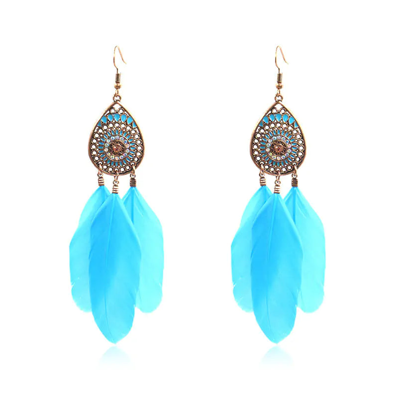 Colorful Hollow Feather Drop Earrings with Crystals